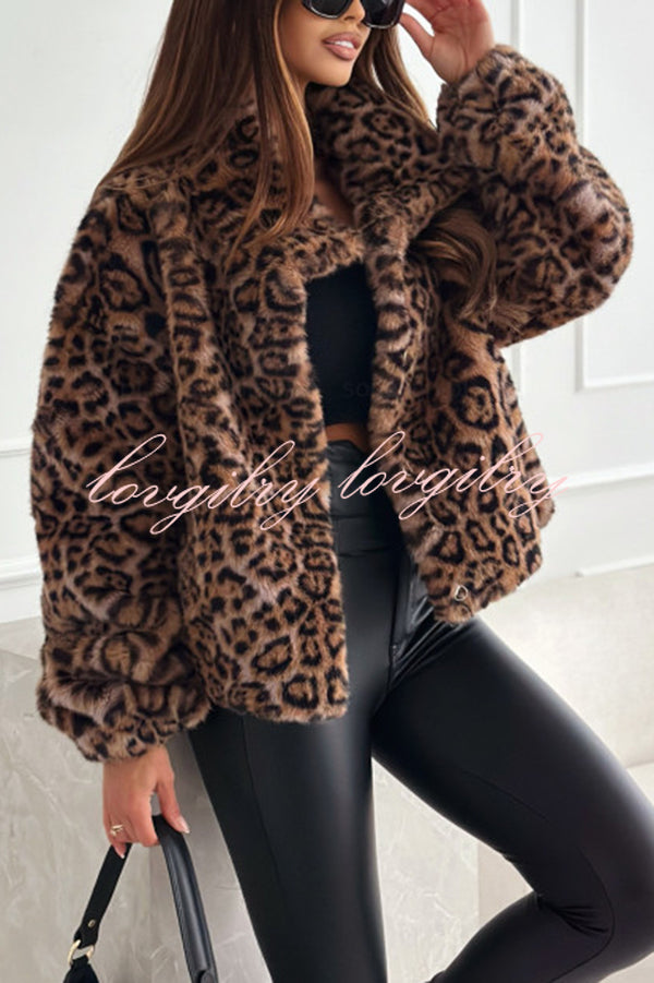 Stylish Leopard Print Lapel Long Sleeve Short Coat