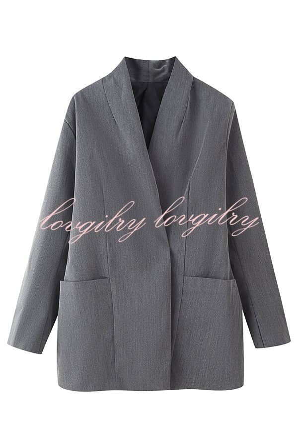 Solid Color Lapel Long Sleeve Casual Pocket Long Blazer