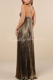 Jaelyn Metallic Fabric Pleated Back Cross Elasticated A-line Maxi Dress