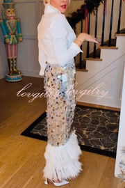Playful Sparkling Large Sequin Faux Fur Tassel Hem Elastic Waist Maxi Skirt