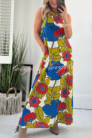 Floral Unique Printed One Shoulder Pocketed Loose Maxi Dress