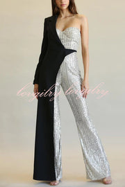 Fashionable Sequined Patchwork One-sided Long-sleeved Asymmetrical Jumpsuit