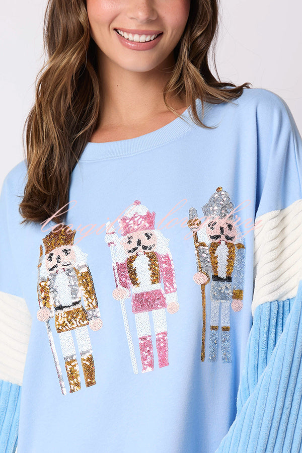 Christmas Nutcracker Sequined Patchwork Sleeve Color Block Sweatshirt