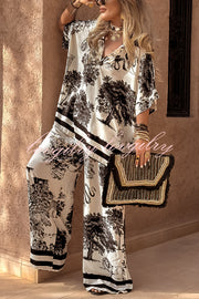 Tree Shadow Print V-Neck Short Sleeve Loose Top and Elastic Waist Casual Wide Leg Pants Set