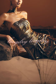 Clemence Plisse Metallic Fabric Reverse Halter Beck Strap Drape Slit Maxi Dress