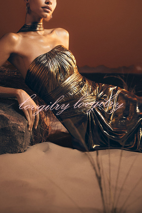 Clemence Plisse Metallic Fabric Reverse Halter Beck Strap Drape Slit Maxi Dress