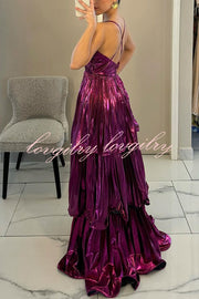 Seize The Gorgeous Pleated Metallic Fabric Cutout Tiered Maxi Dress