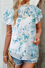 Floral Print Paneled Pleated Crew Neck Pullover Short Sleeved Top