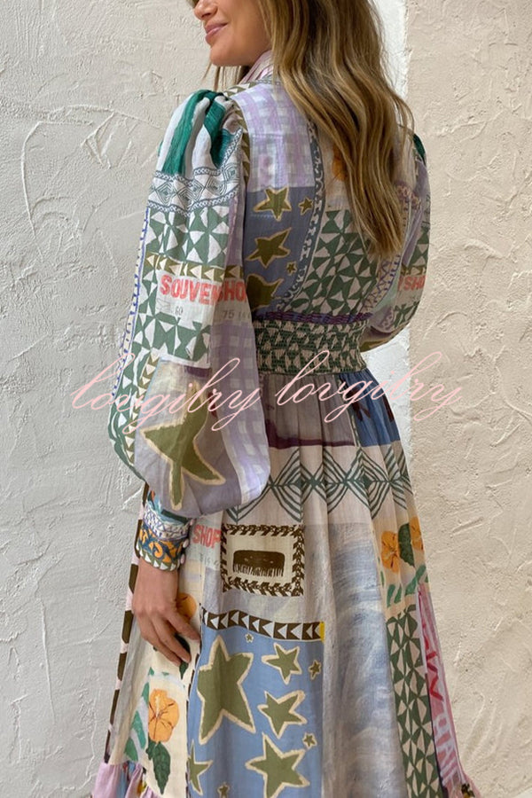 Playfully Chic Unique Print Balloon Sleeve Smocked Waist Shirt Midi Dress