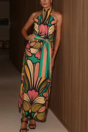 Unique Print Halter Neck Tie Backless Holiday Maxi Dress