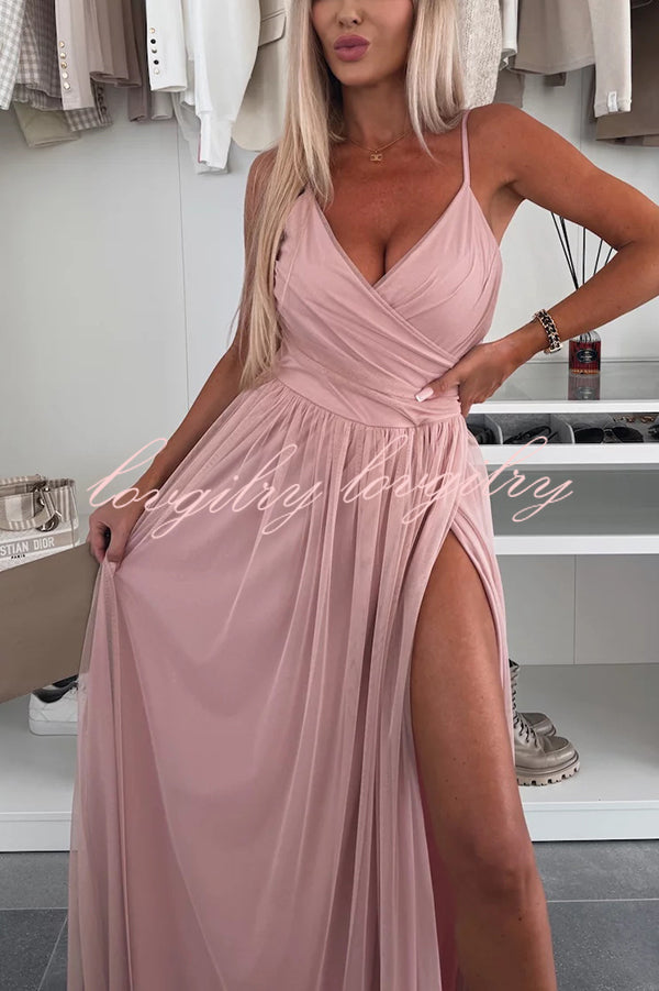 Solid Color Tulle Halter Back High Slit Maxi Dress