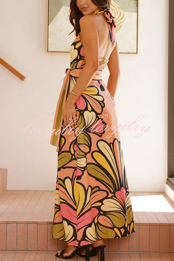 Unique Print Halter Neck Waist Tie Holiday Maxi Dress