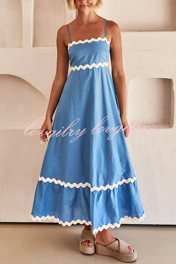 Bayside Beauty Wave Trim Patchwork Back Smocked Suspender Maxi Dress