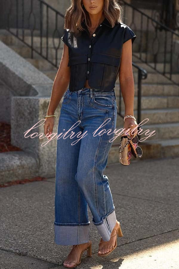 Stylish Weekend Faux Leather Button Up Cape Sleeve Pocket Crop Top
