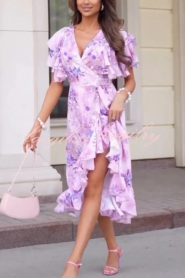 Unique Printed V-neck Ruffled Loose Midi Dress