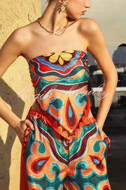Ethnic Style Unique Print Tube Top and Elastic Waist Casual Pocket Wide Leg Pants Set