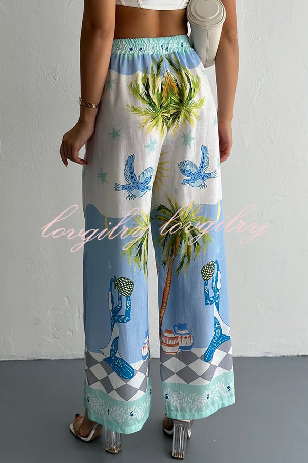 Holiday Style Print Loose Long Sleeve Shirt and Elastic Waist Loose Pocket Wide Leg Pants Set