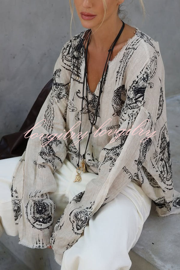 Natural Vibe Linen Blend Unique Print Long Sleeve Loose Shirt