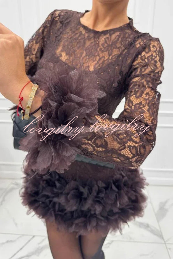 Alyssa Lace Fabric Tulle Layered Petals Trim Long Sleeve Mini Dress
