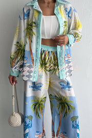 Holiday Style Print Loose Long Sleeve Shirt and Elastic Waist Loose Pocket Wide Leg Pants Set