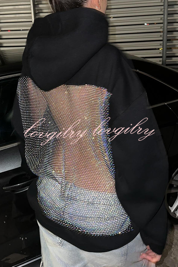 Fashionable Shiny Mesh Hollow Back Loose Long-sleeved Hooded Sweatshirt