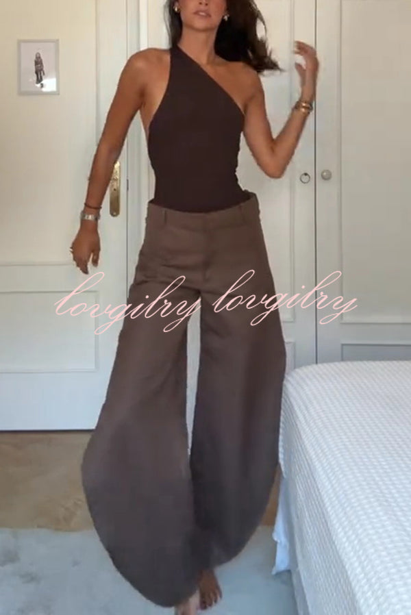 Fashion Slim-fit One-shoulder Stretch Bodysuit and Casual Side-slit Pants Set