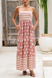 Striped Polka-dot Print Sling Pleated Open-back Maxi Dress