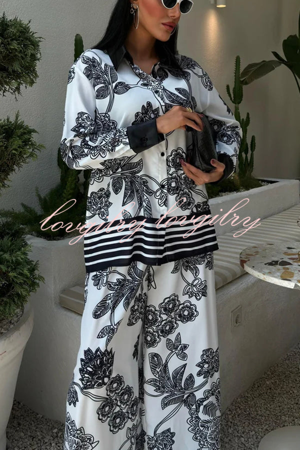 Sofia Contrast Color Flowers Print Long Sleeve Shirt and Elastic Waist Pocketed Pants Set