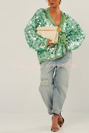 Fashion Sequined Long-sleeved V-neck Loose Lace-up Cardigan