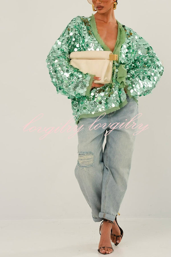 Fashion Sequined Long-sleeved V-neck Loose Lace-up Cardigan