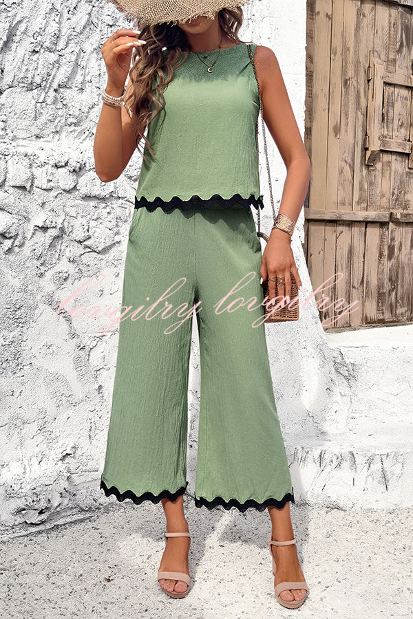 Wave Trimmed Round Neck Buttoned Elastic Waist Pants Suit