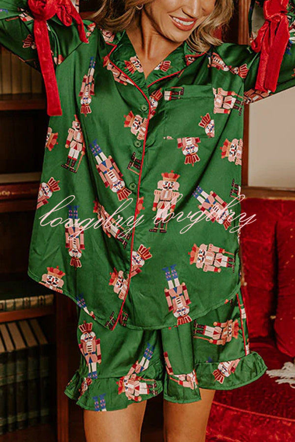 Christmas Dreaming Satin Nutcrackers Print Velvet Trim Elastic Waist Pocketed Pajama Shorts Set