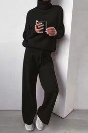 Solid Color Turtleneck Long-sleeved Knit Top and Elastic Waist Casual Pants Set