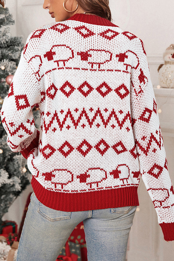 Christmas Geometric Lamb Round Neck Long Sleeve Loose Knitted Sweater