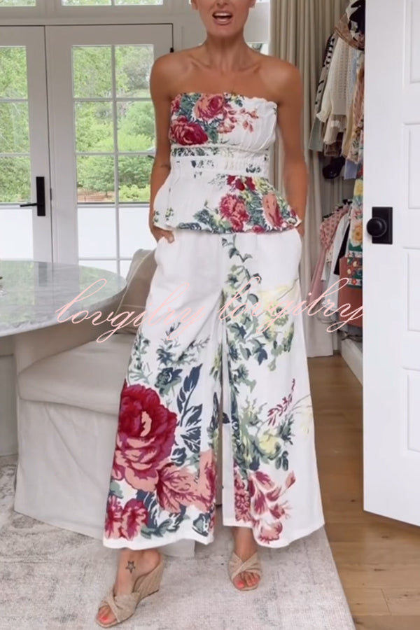 In To The Summer Linen Blend Floral Print Elastic Bandeau and Elastic Waist Pocket Loose Pants Set