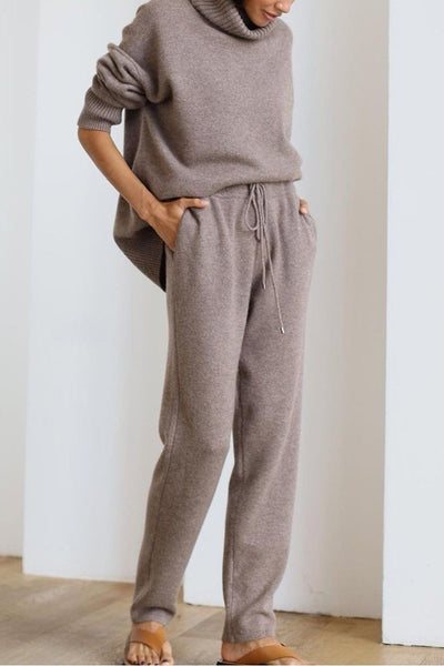 Solid Color Turtleneck Long-sleeved Knit Top and Elastic Waist Casual Pants Set