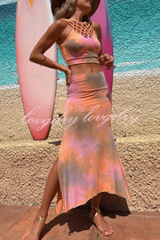 Boho Style Tie-dye Hollow Straps Neck Tank and High Rise Slit Stretch Maxi Skirt Set