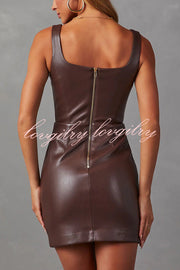 Calibri Faux Leather Square Neck Back Zipper Stretch Mini Dress