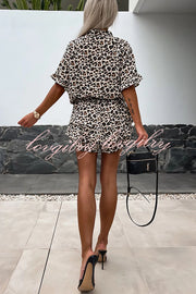 Leopard Print V-neck Short Sleeve Elastic Waist Casual Rompers