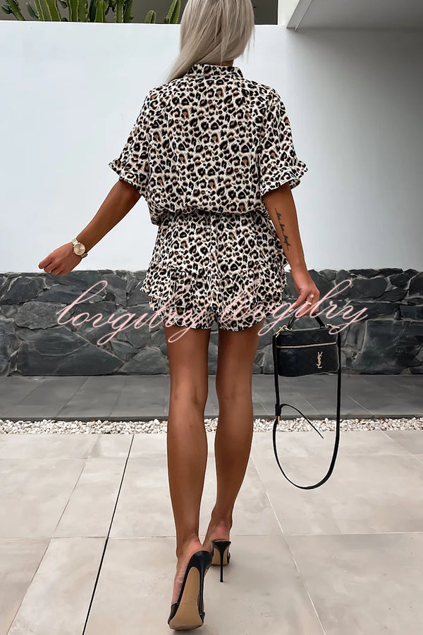 Leopard Print V-neck Short Sleeve Elastic Waist Casual Rompers
