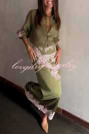 Eye-catching Work Contrast Color Satin Lace Trim Mid Rise Maxi Skirt