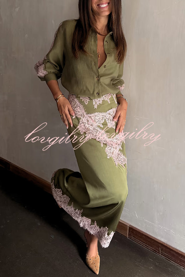 Eye-catching Work Contrast Color Satin Lace Trim Mid Rise Maxi Skirt