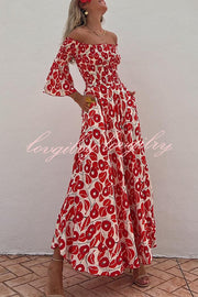 Close To The Vacation Floral Print Smocked Off Shoulder Pocketed Maxi Dress