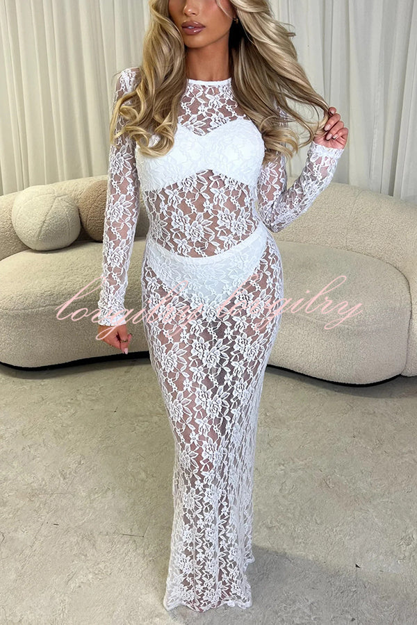 Solid Color Round Neck Long Sleeve Sexy Lace Slim Fit Cover-up Maxi Dress