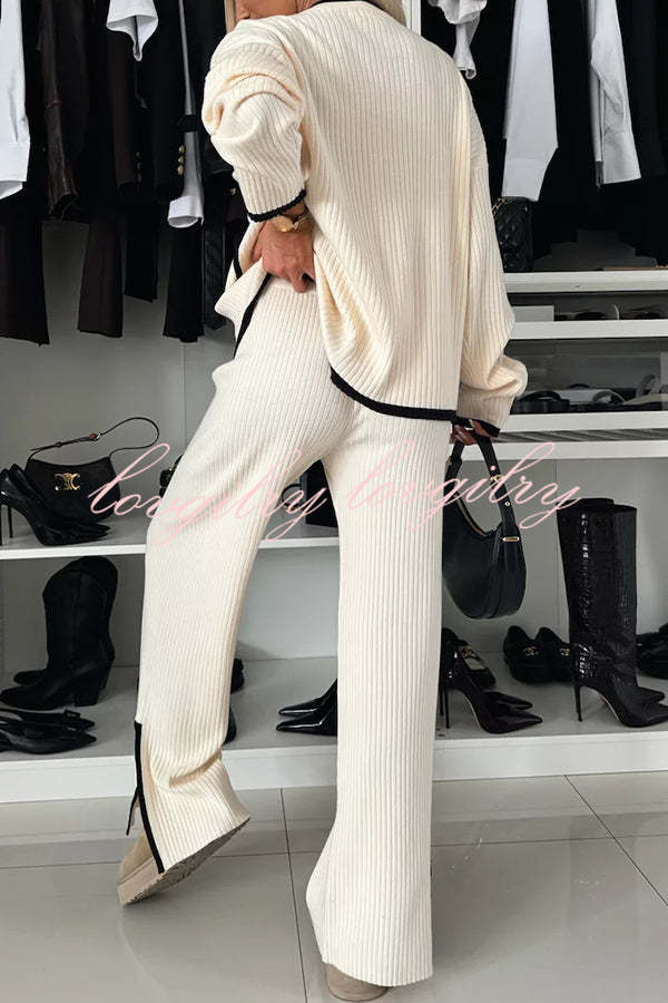 Warm Embrace Knit Ribbed Colorblock Trim Pocket Top and Stretch Slit Pants Set