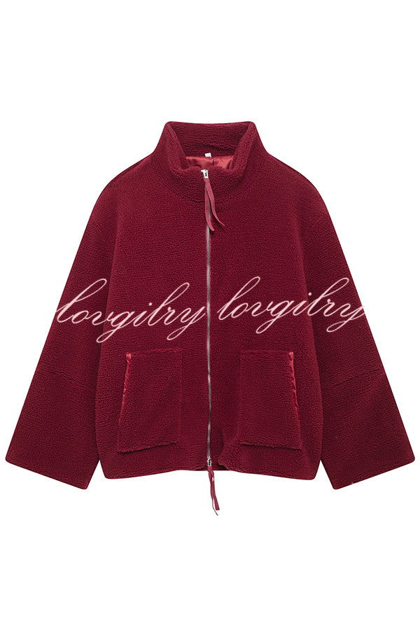 Solid Color Stitching High Collar Long Sleeve Loose Pocket Woolen Coat