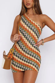 Playful Colorful Knitted Slim-fitting Offset Neck Stretch Mini Dress