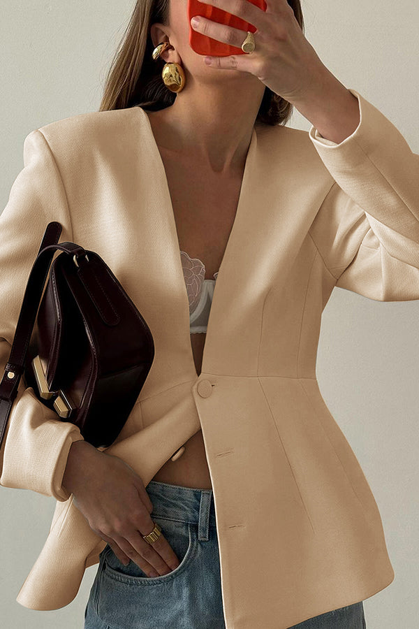 Solid Color Long-sleeved V-neck Button Casual Blazer