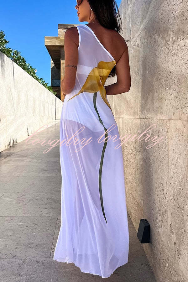 Dalia Tulle See Through Floral Print One Shoulder Vacation Maxi Dress