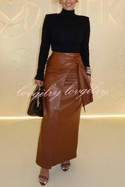 Snappy Casual Slay Faux Leather High Rise Wrap Tie-up Stretch Maxi Skirt